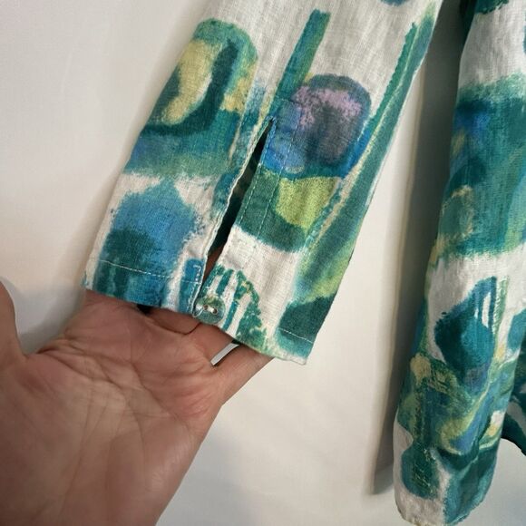 Ali Miles Button Front Tunic Top M Linen Blend Blue Green Watercolor Lagenlook - Picture 3 of 7